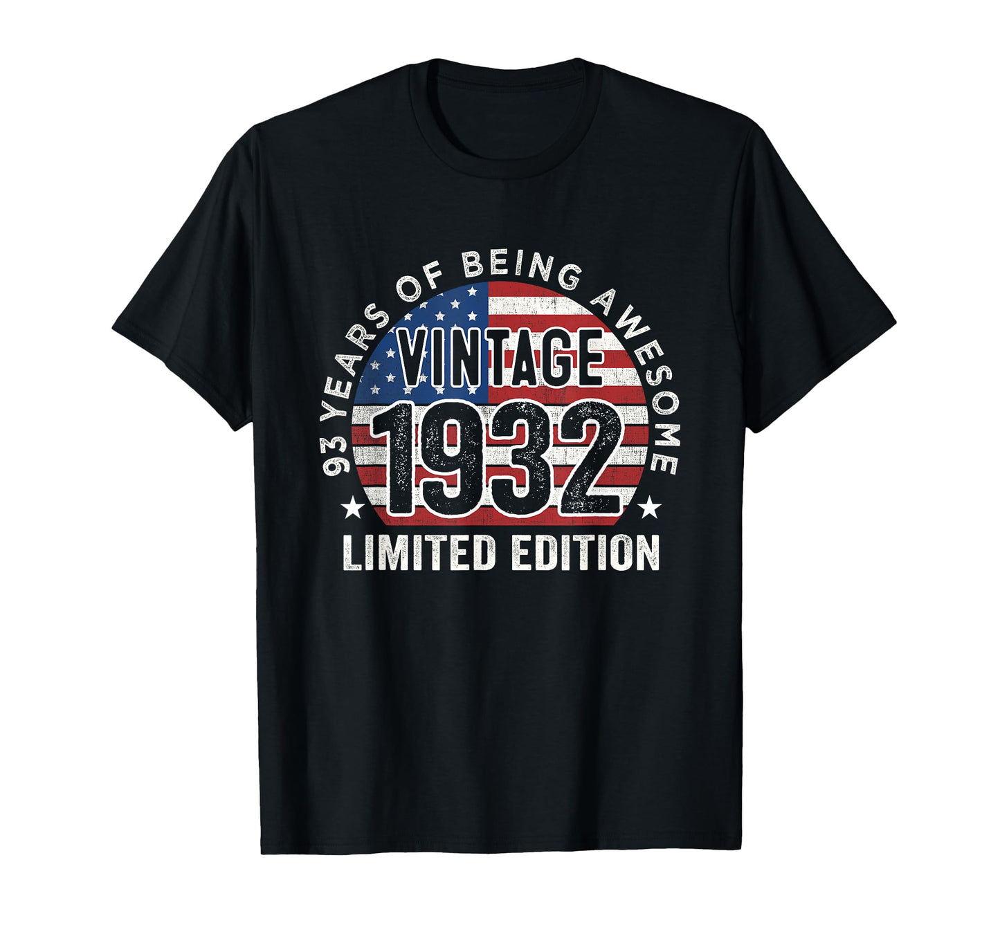 93rd Birthday Gifts Men Vintage 1932 93 Years Old USA Flag T-Shirt