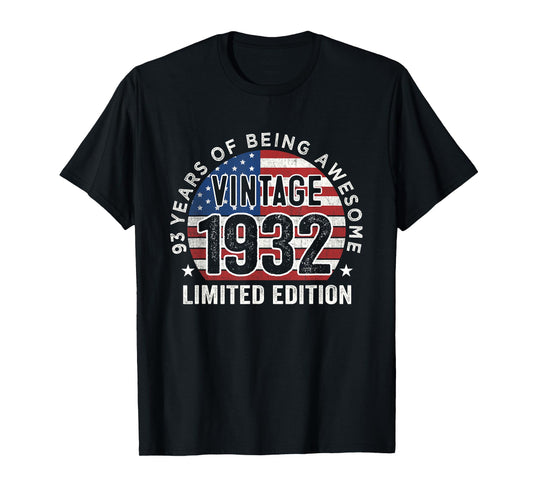 93rd Birthday Gifts Men Vintage 1932 93 Years Old USA Flag T-Shirt