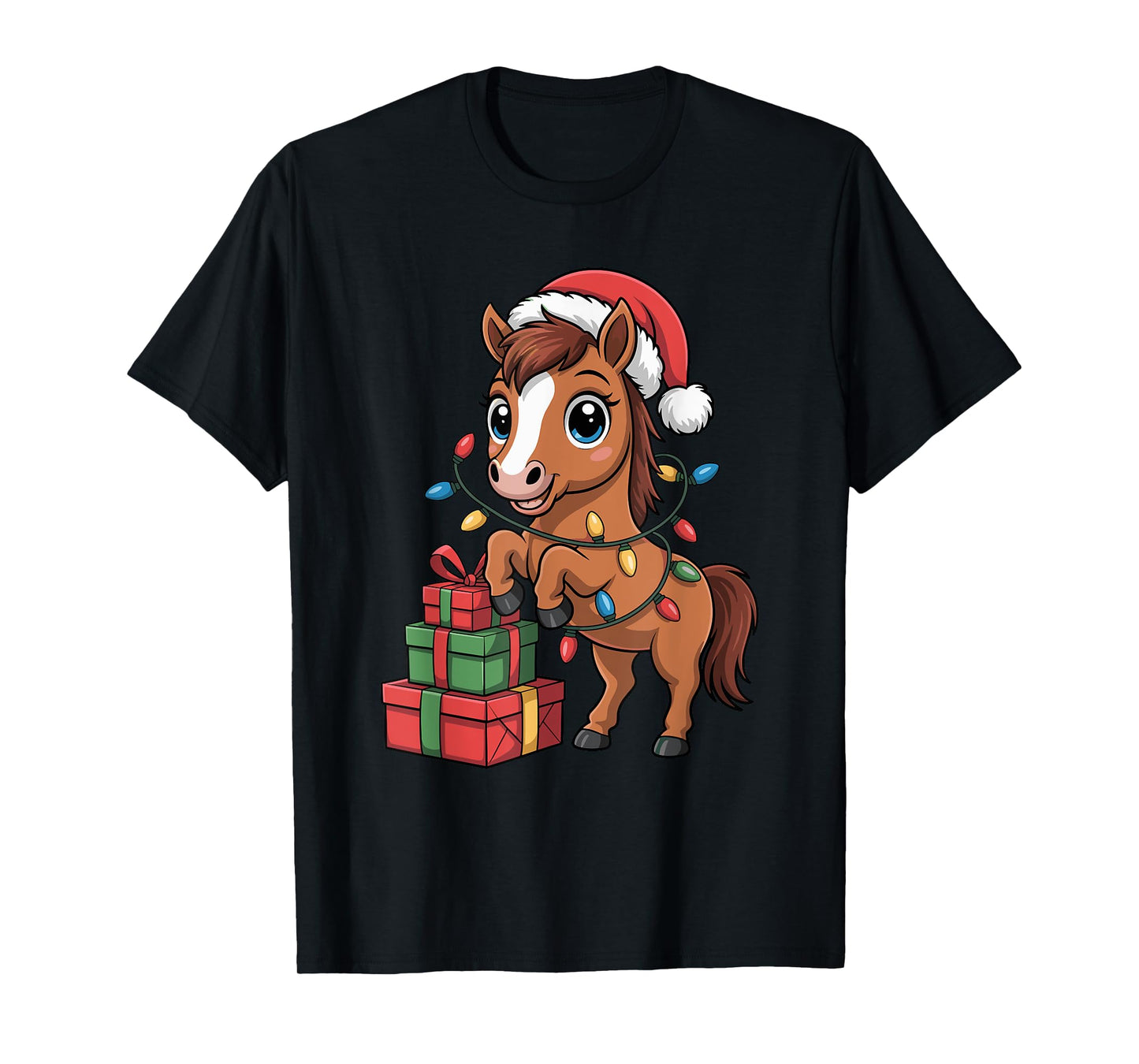 Funny Horse Santa Hat Animals Lovers Ugly Christmas Pajamas T-Shirt