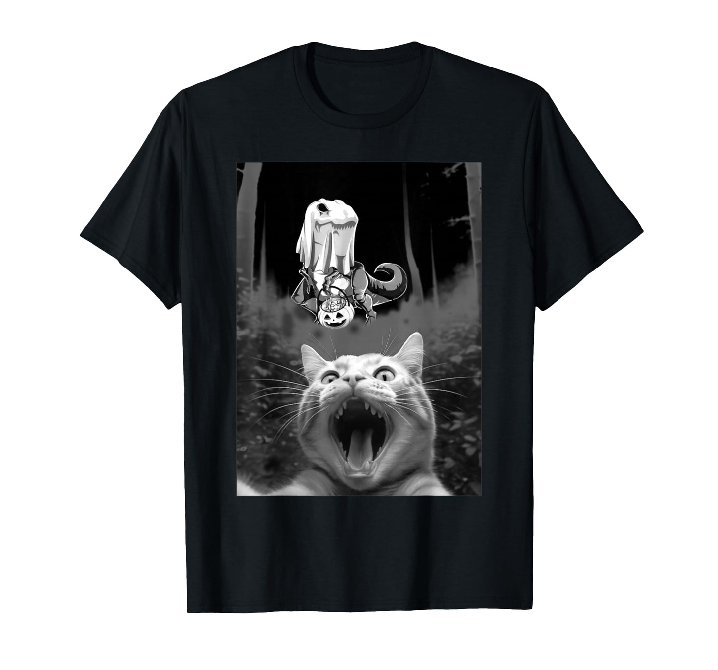 Surprised Cat Selfie with Dinosaur Skeleton Halloween Boo T-Shirt