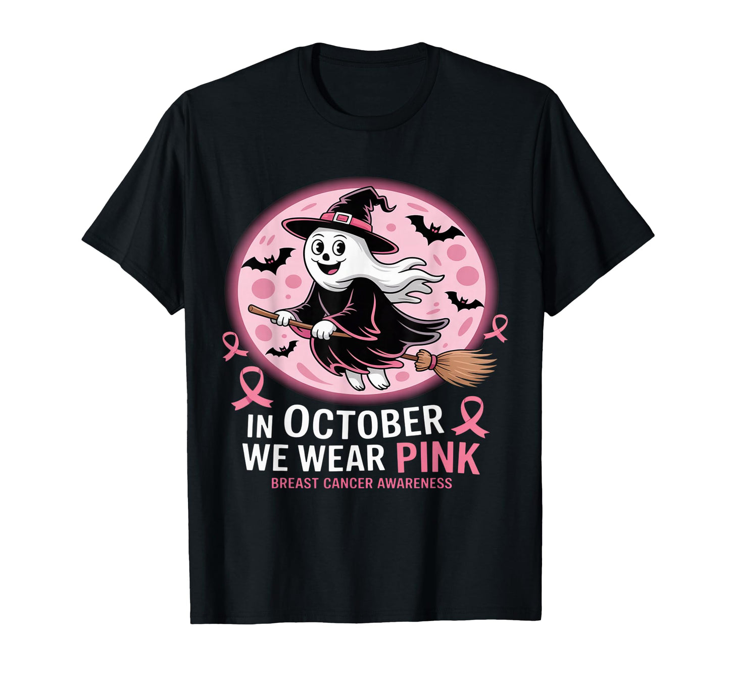 in October We Wear Pink Ghost Witch Breast Cancer Awareness T-Shirt