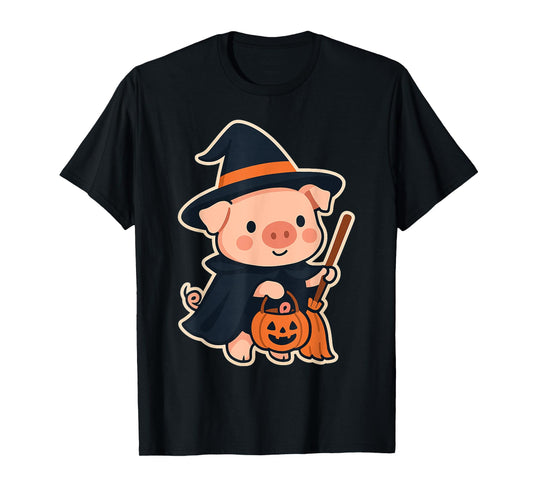 Cute Witch Pig Halloween Outfit with Broom and Pumpkin T-Shirt