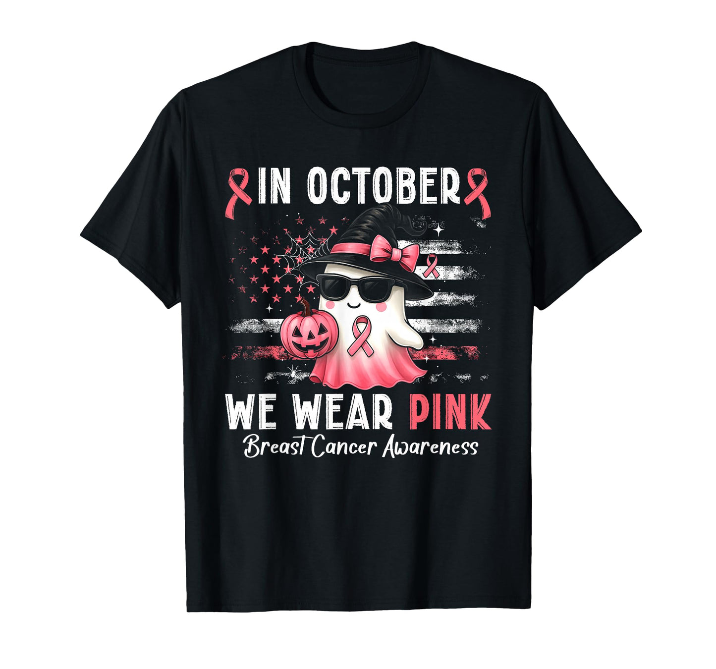 in October We Wear Pink Ghost Witch Breast Cancer Awareness T-Shirt