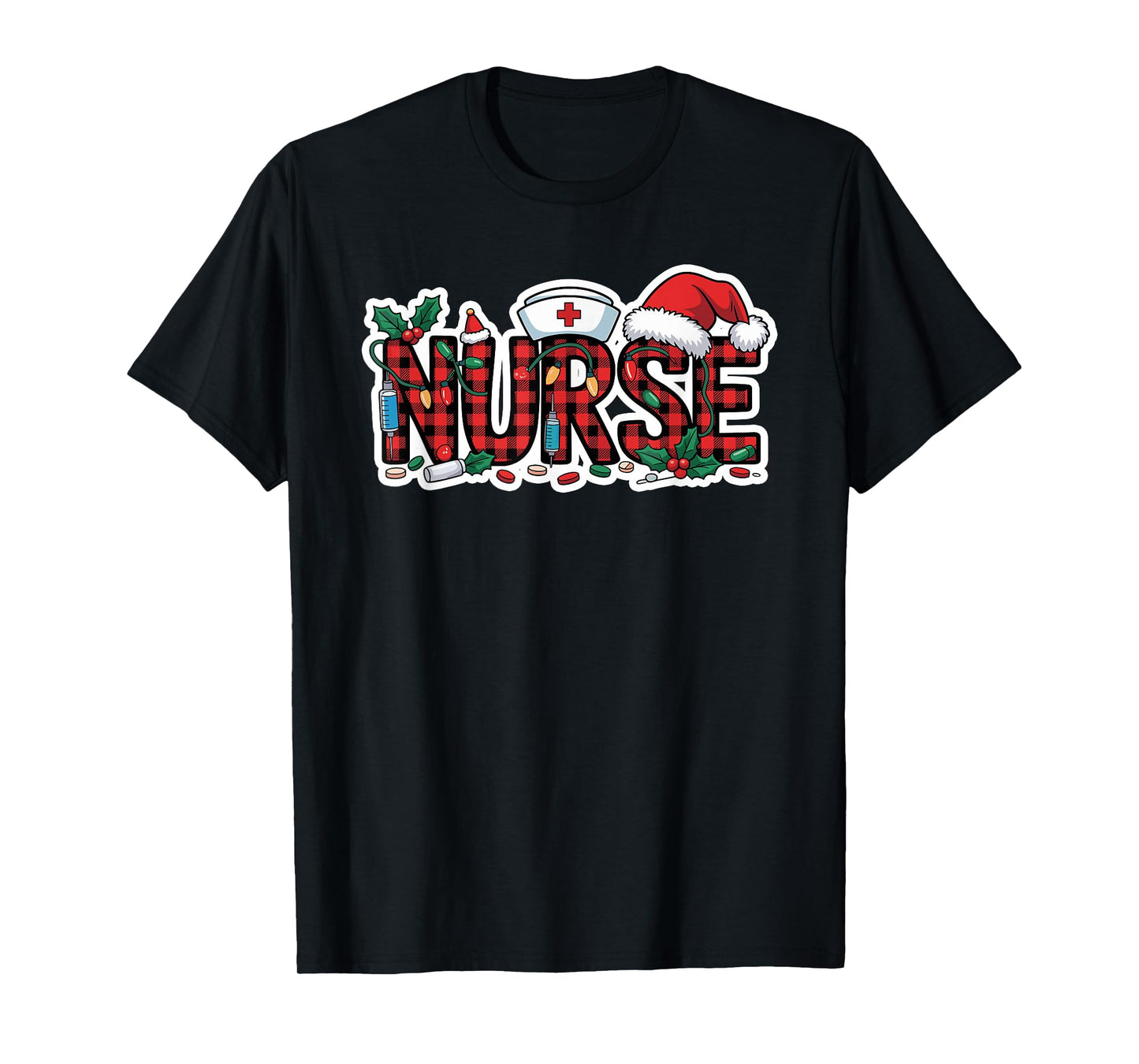 Christmas Nurse Buffalo Plaid Santa Hat Christmas Lights T-Shirt
