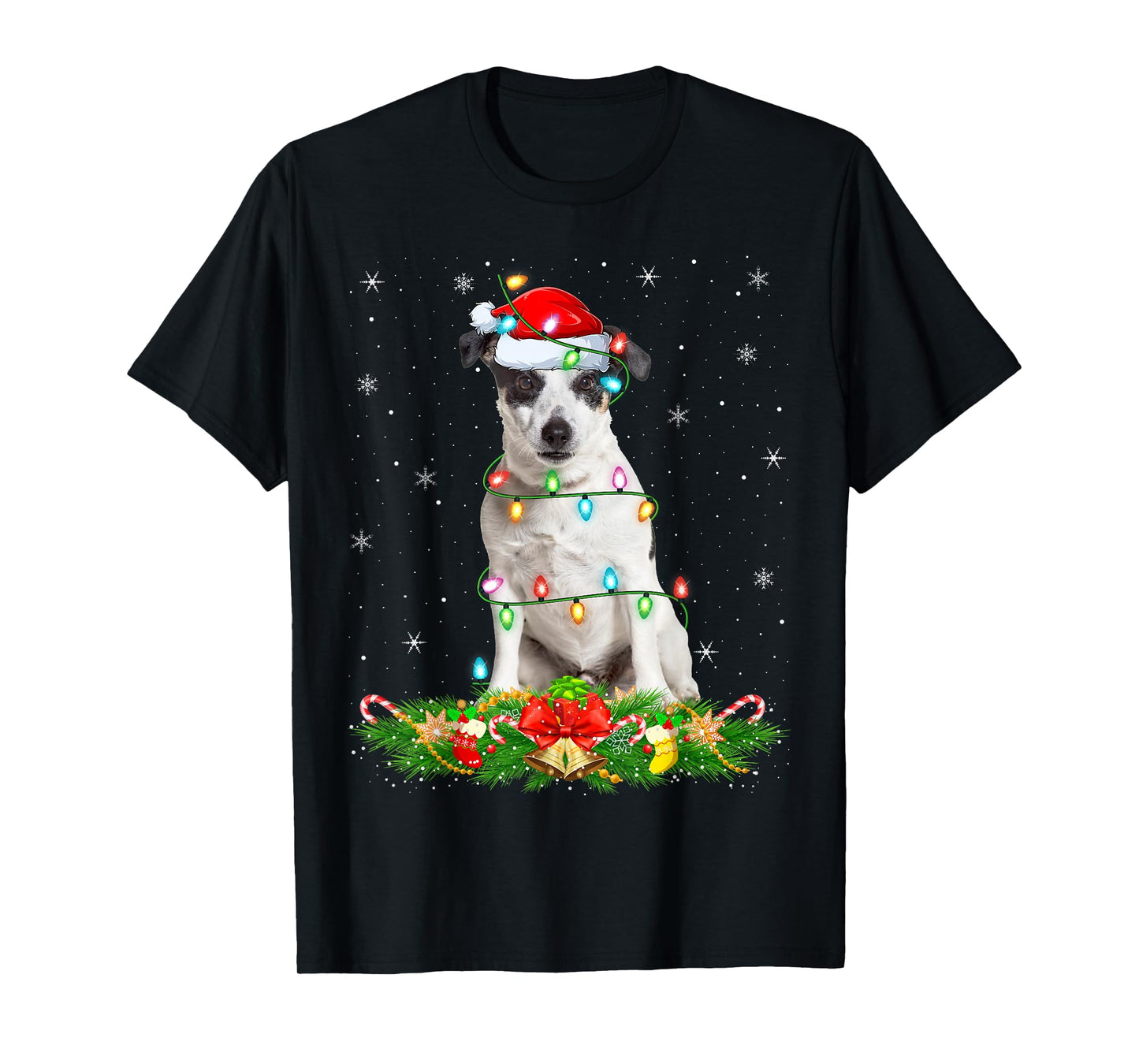 Rat Terrier Dog Christmas Lights Funny Santa Hat Xmas T-Shirt