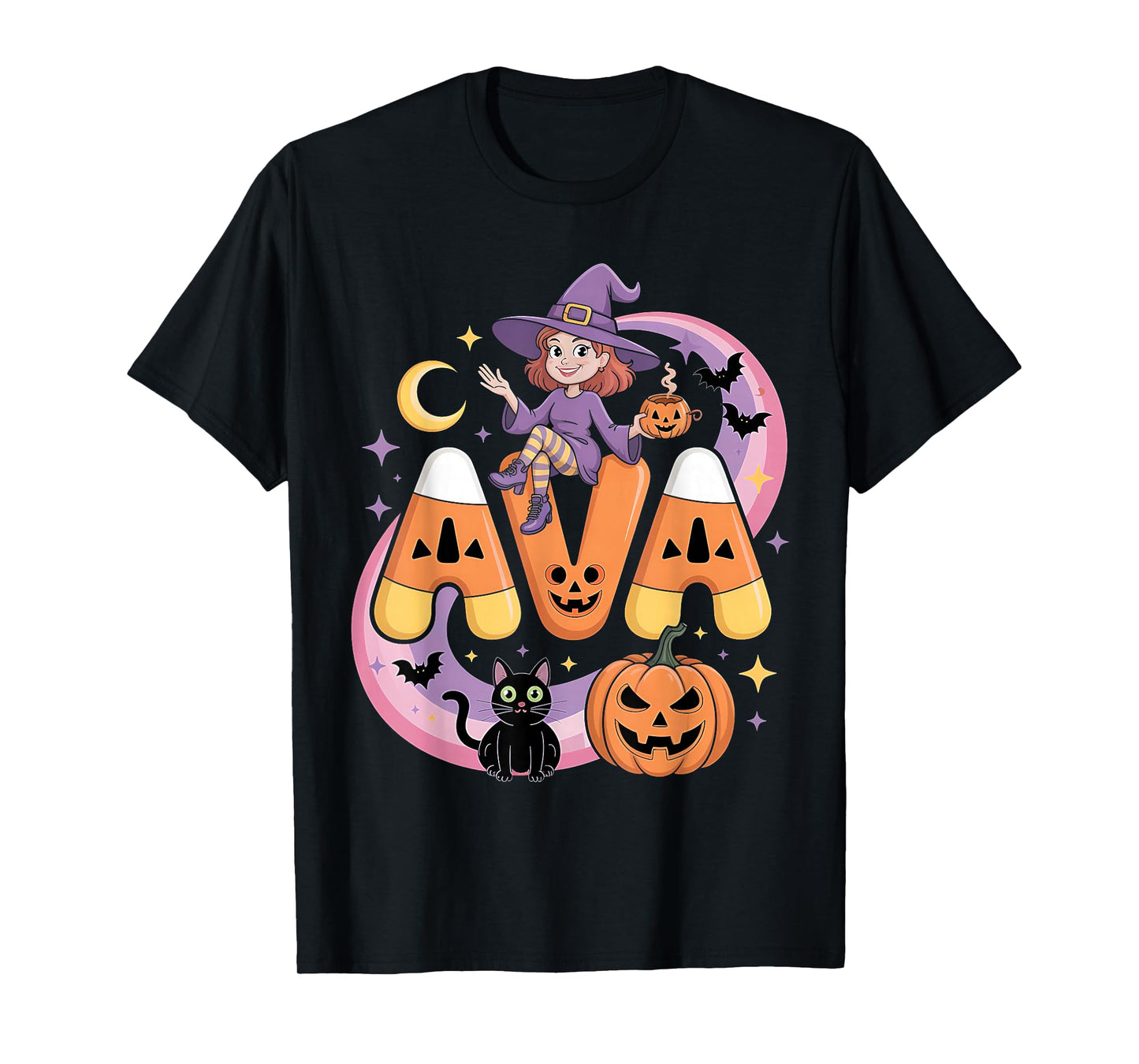 Ava Witch Candy Corn Cat Halloween Women and Girls T-Shirt