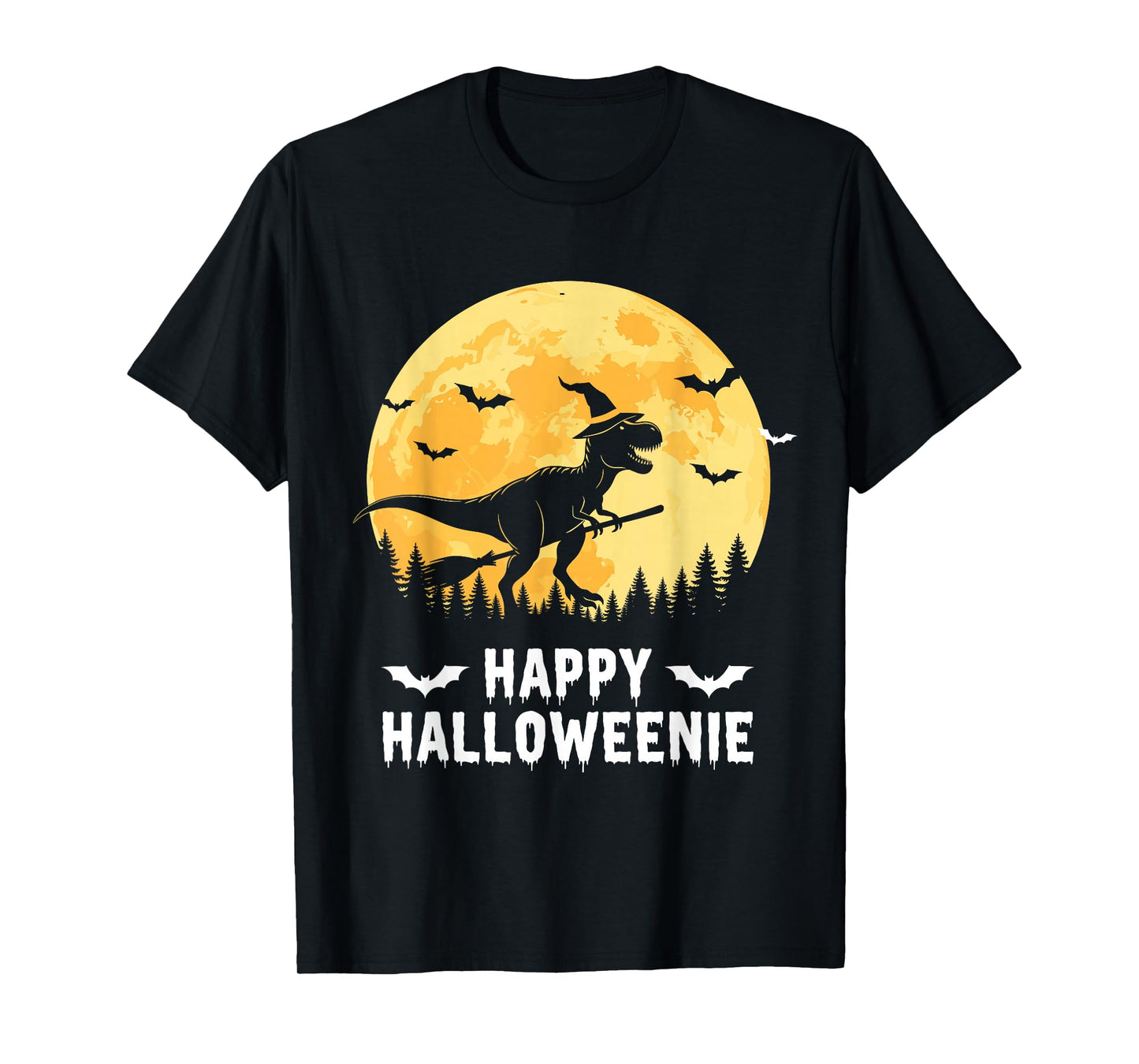 Happy Halloweenie Funny Dinosaur T Rex Flying Witch T-Shirt