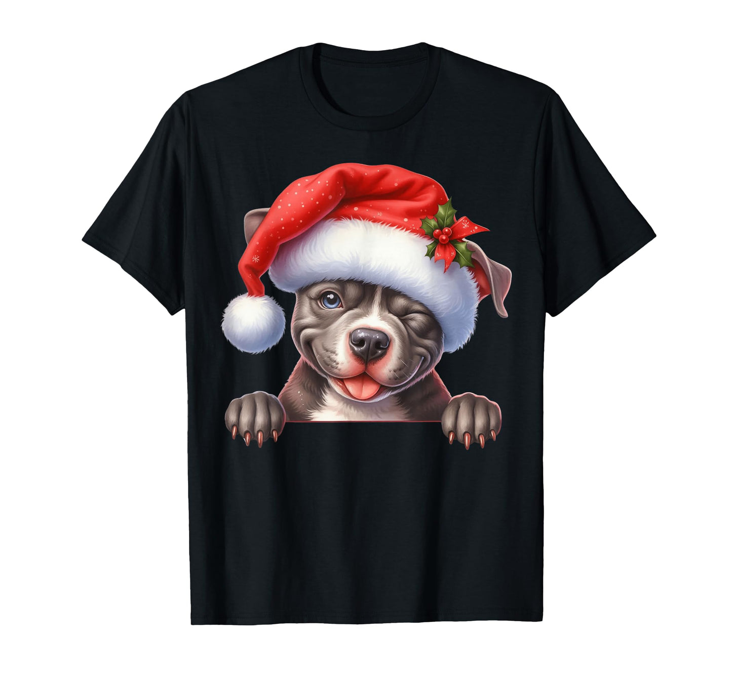 Pitbull Dog Christmas Santa Hat Dog Mom Dad T-Shirt