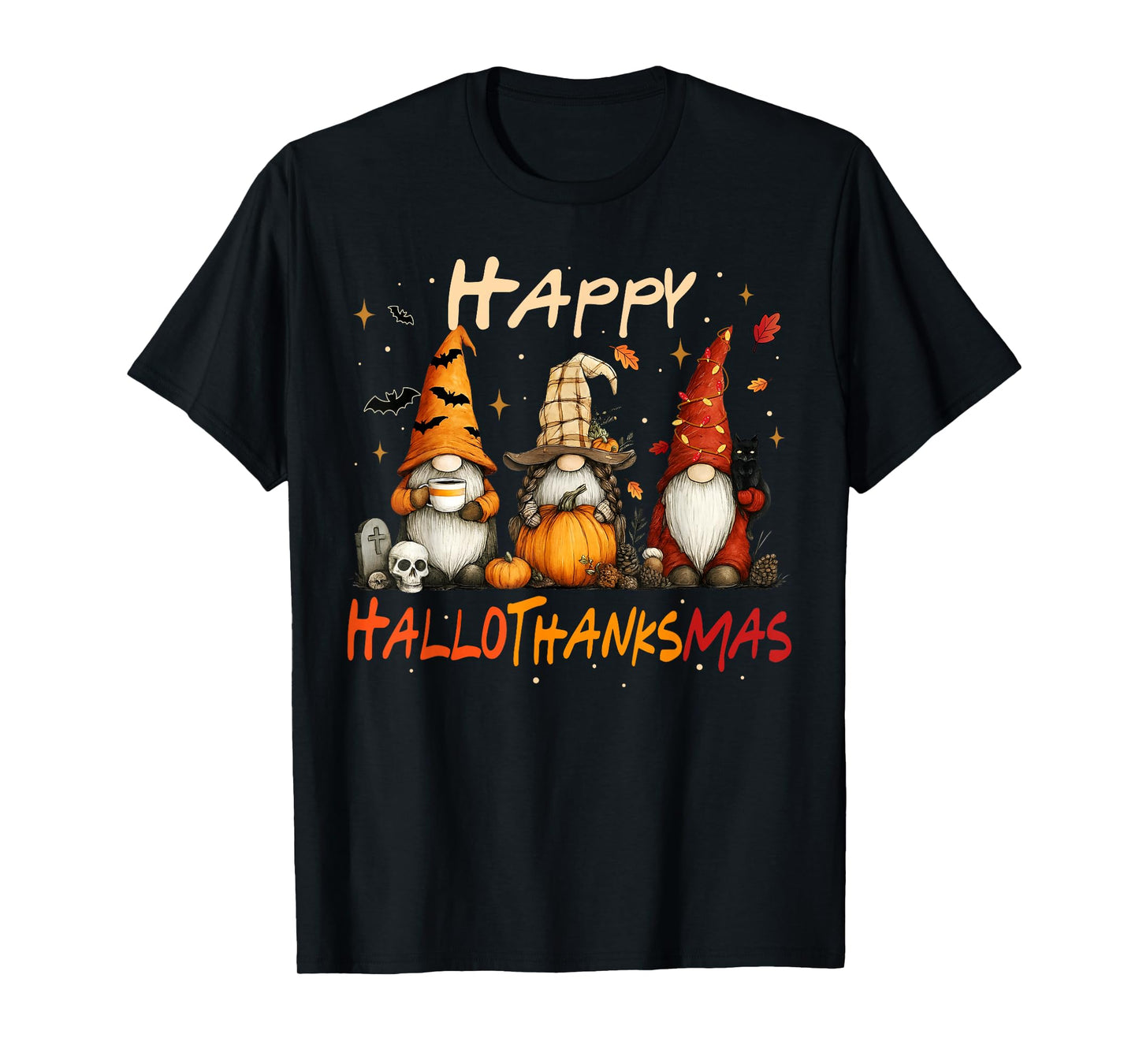 Happy Hallothanksmas Gnomes Lover Halloween Merry Christmas T-Shirt