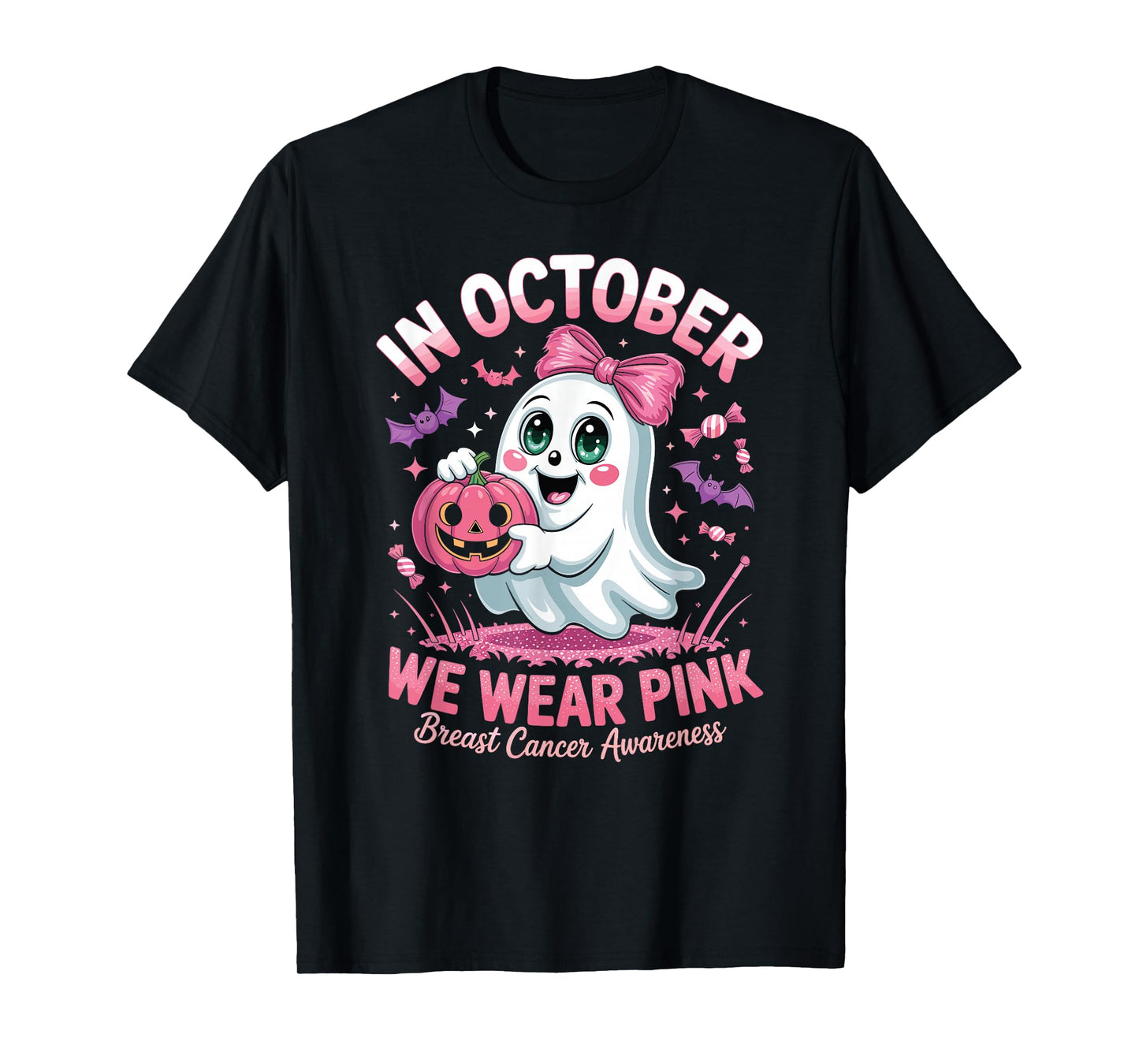 in October We Wear Pink Ghost Witch Breast Cancer Awareness T-Shirt