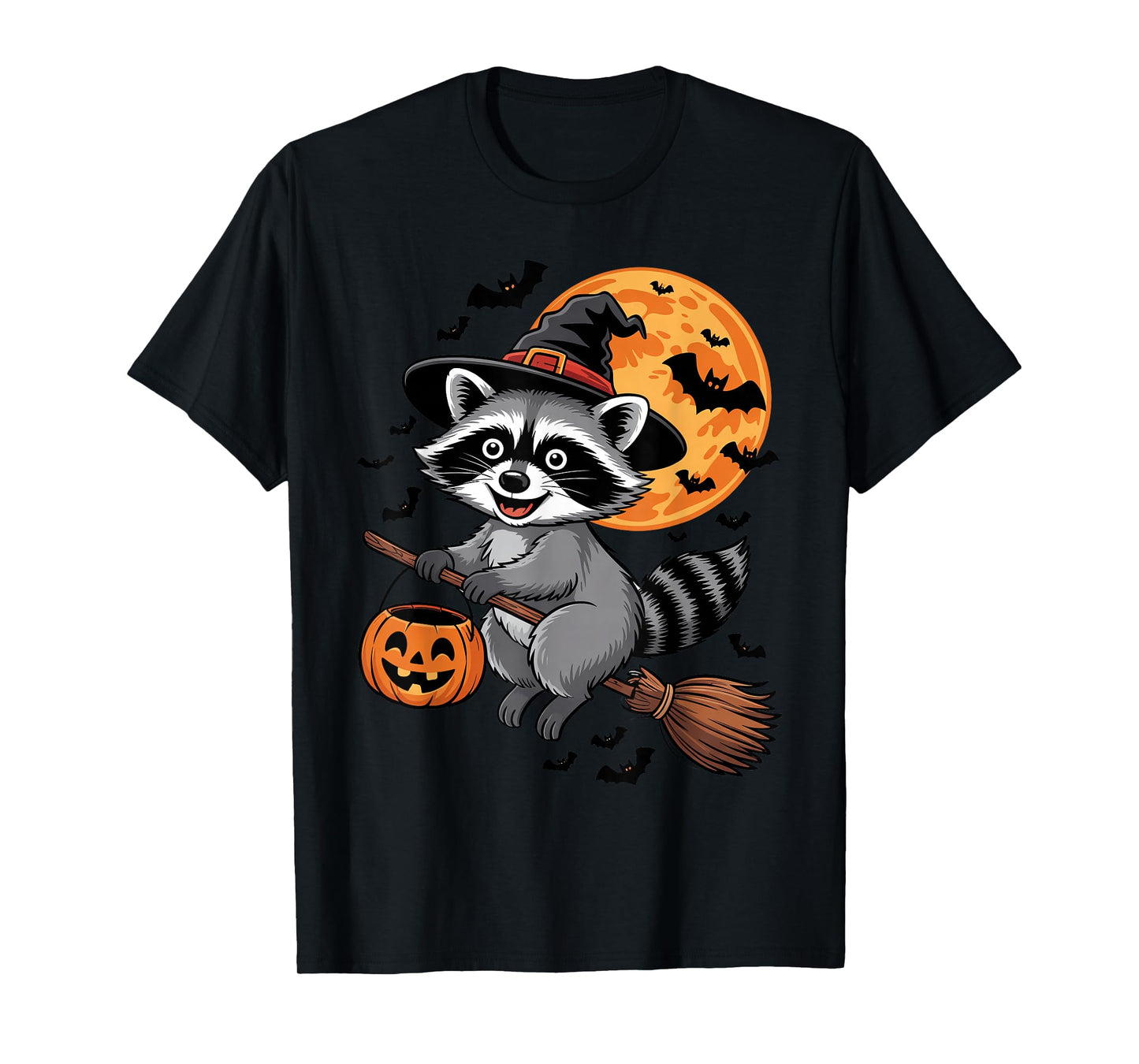Raccoon Witch Hat on Broom Halloween Pumpkin Candy Bucket T-Shirt