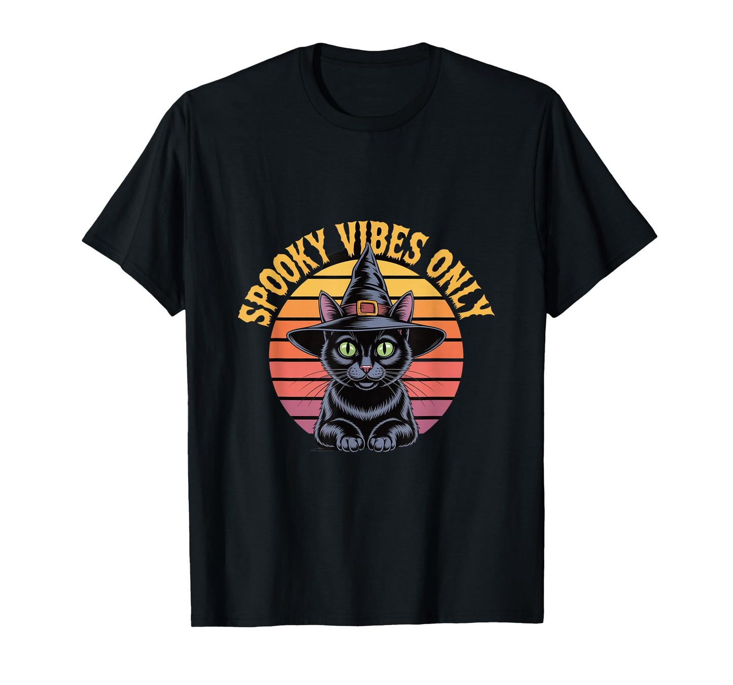Spooky Vibes Only Cat Witch Hat Sunset Halloween T-Shirt