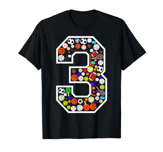 Kids 3rd Birthday Sports Big Number Three 3 Year Old Boy T-Shirt