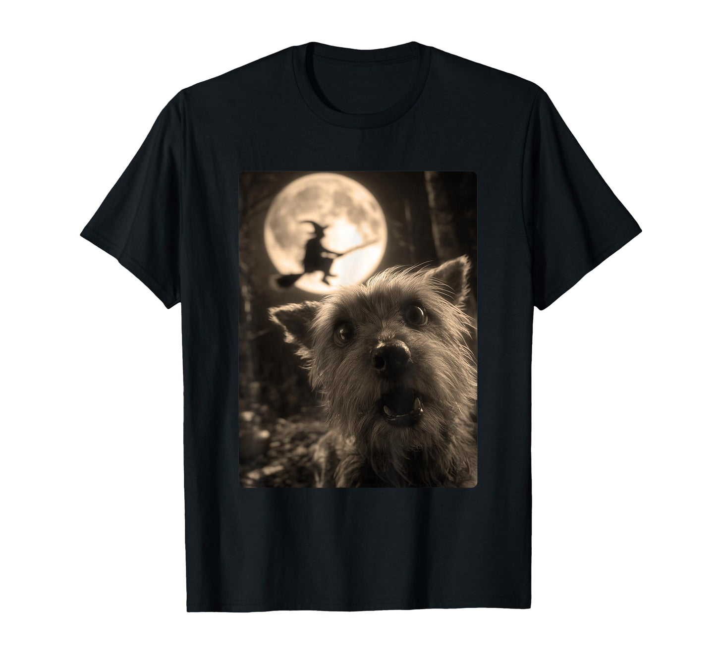 Funny Yorkshire Terrier Selfie Moon Flying Witch Halloween T-Shirt