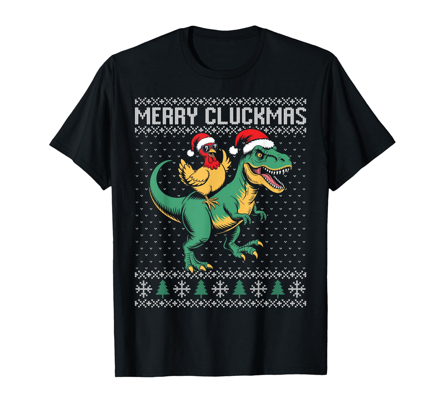 Merry Cluckmas Christmas Chicken Riding Dinosaur t rex T-Shirt
