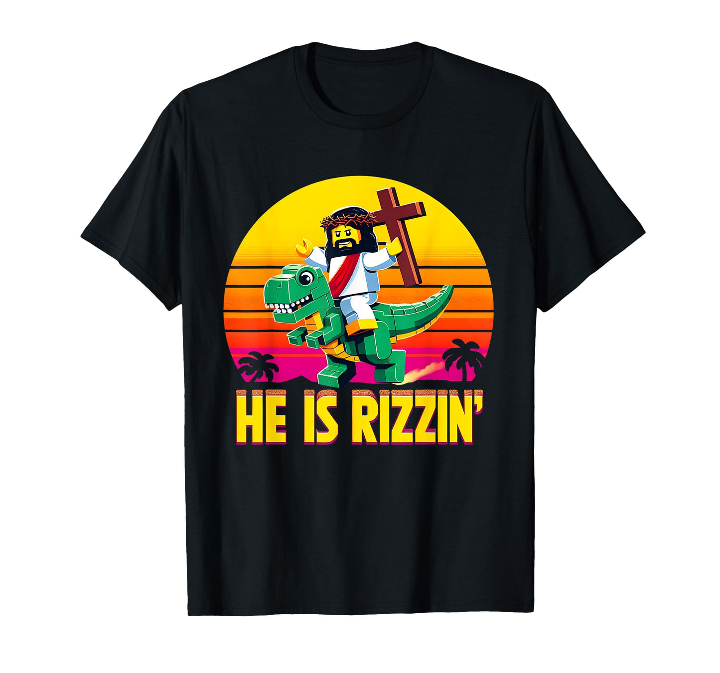 He Is Rizzen Jesus Has Rizzen Retro Christian Pixel Dinosaur T-Shirt