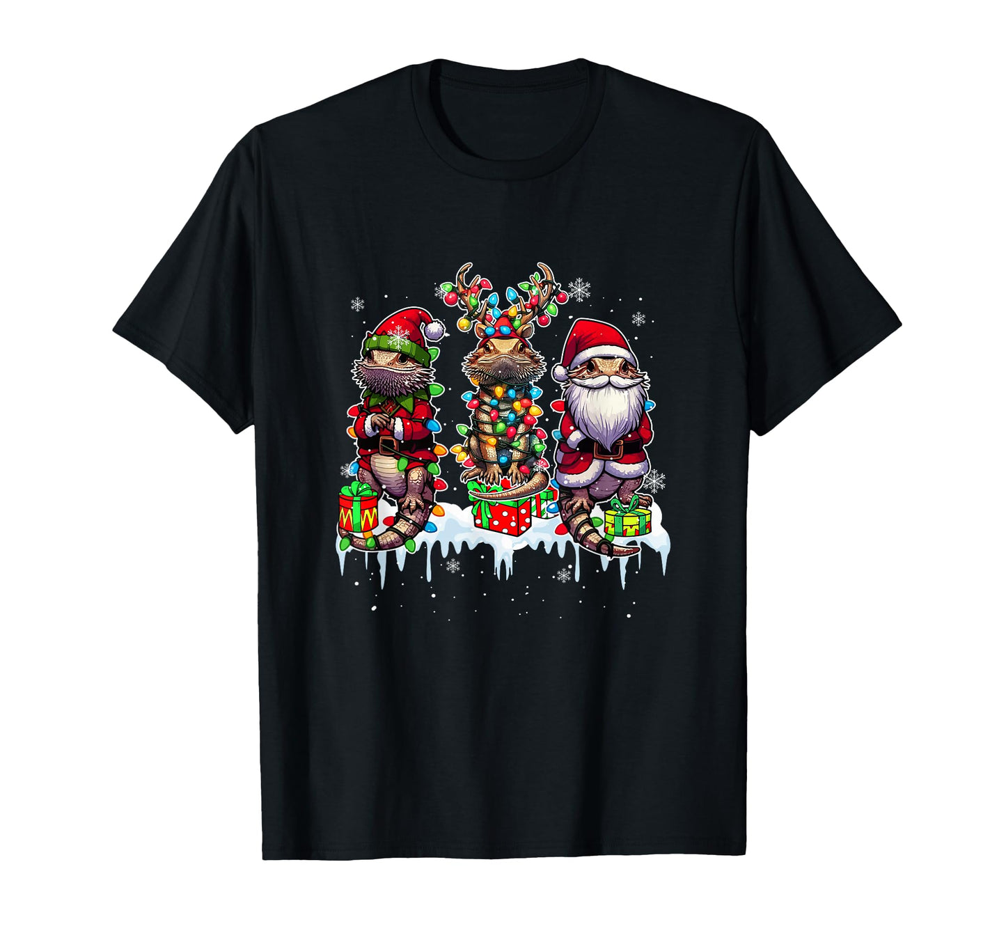 Three Santa Reindeer Elf Bearded Dragons Xmas Colorful Light T-Shirt