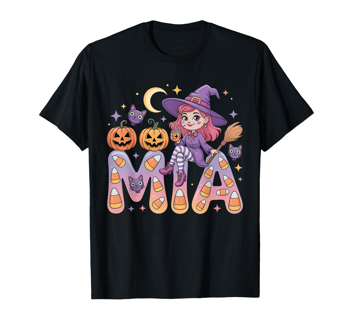 Mia Witch Candy Corn Cat Halloween Women and Girls T-Shirt