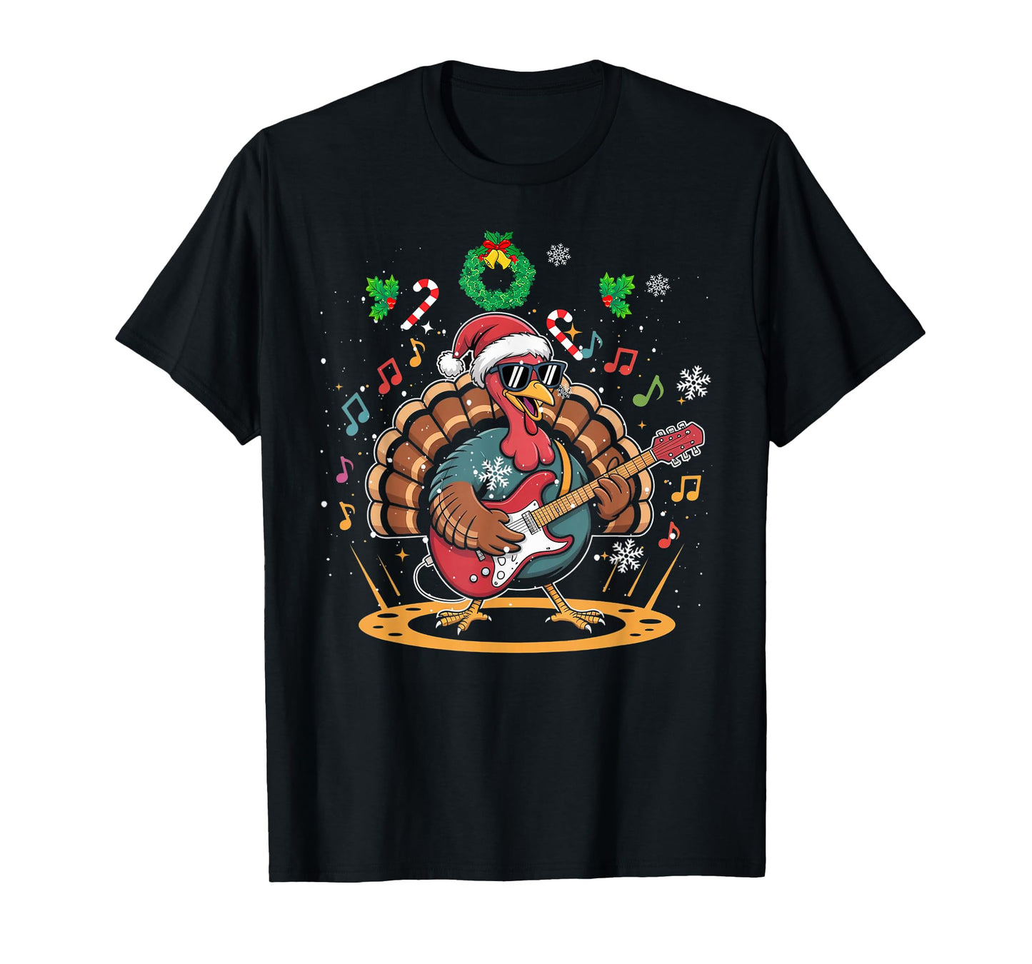 Funny Thanksgiving Santa Hat Turkey Rock Star Playing Guitar T-Shirt