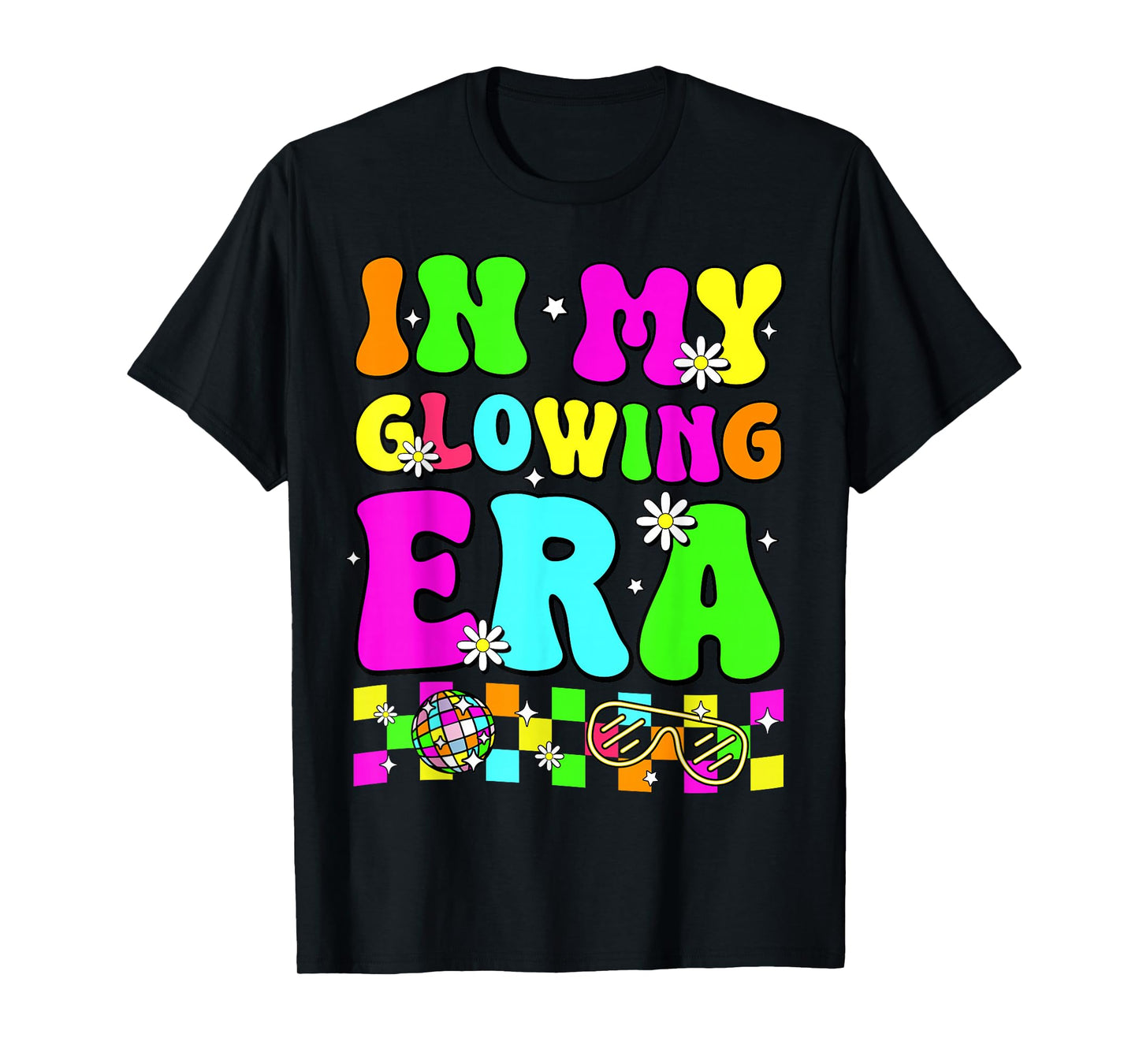 Retro In My Glowing Era Colorful Unisex-Adult T-Shirt, Black, Small, Short Sleeve, Tie-Dye, Cartoon, Casual, SHIRT, All Seasons, Family Gatherings & Holidays