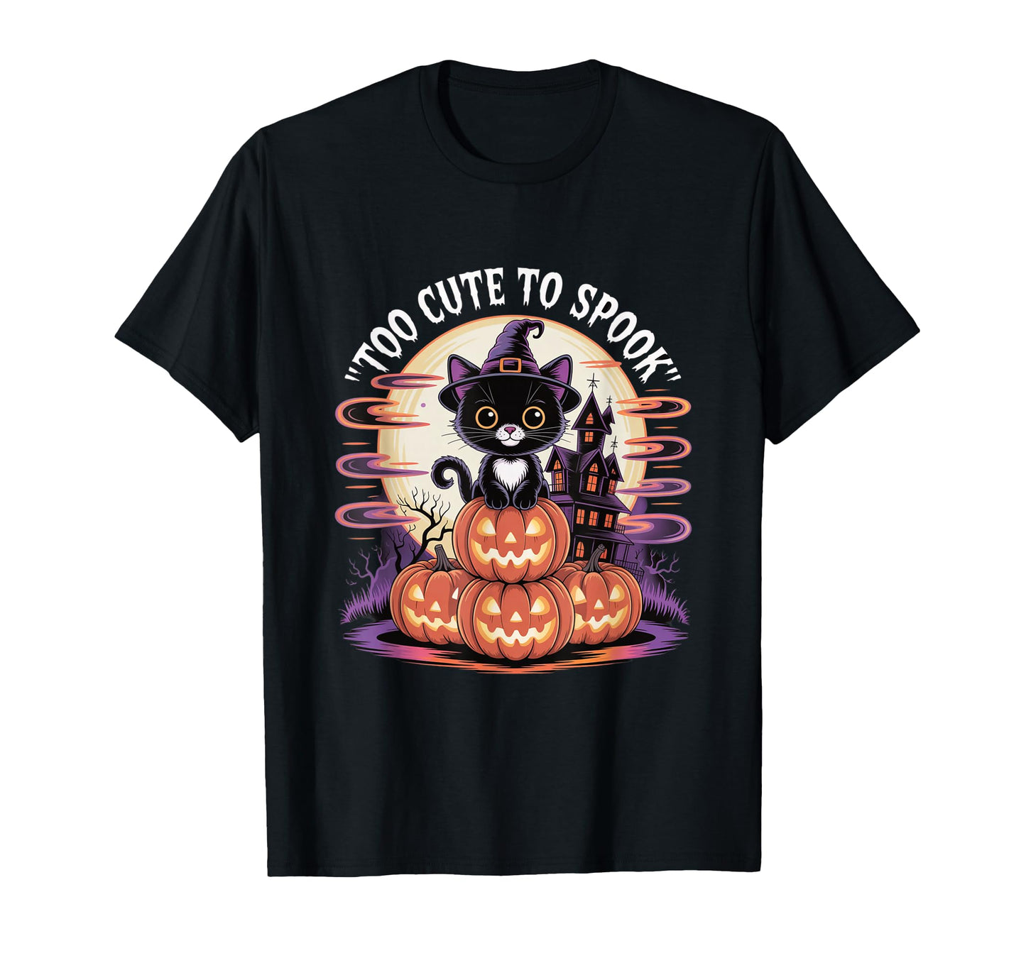 Too Cute to Spook Cat Pumpkins Horror House Halloween T-Shirt