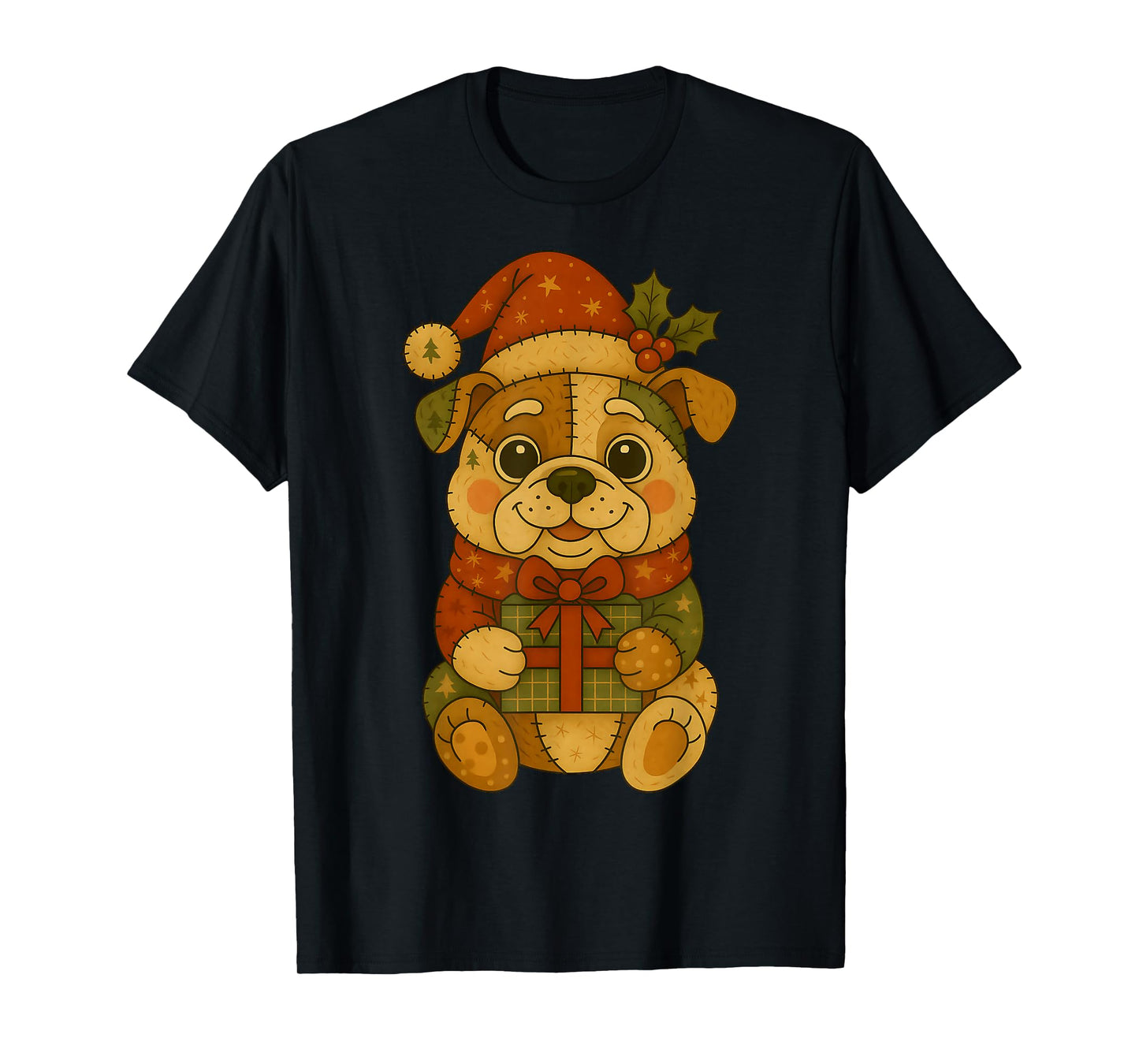 Patchwork Bulldog with Santa Hat for Christmas T-Shirt