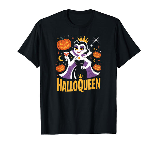 HalloQueen Retro Vampire Queen Halloween Pumpkins Bats Stars T-Shirt