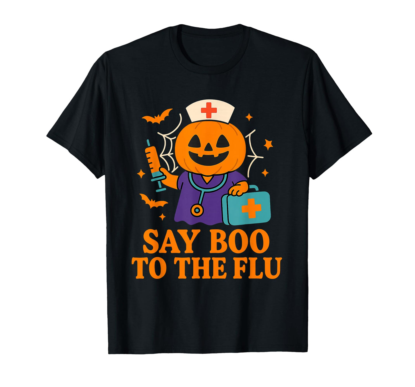 Say Boo to The Flu Nurse Halloween Vaccine Pumpkin Crew T-Shirt