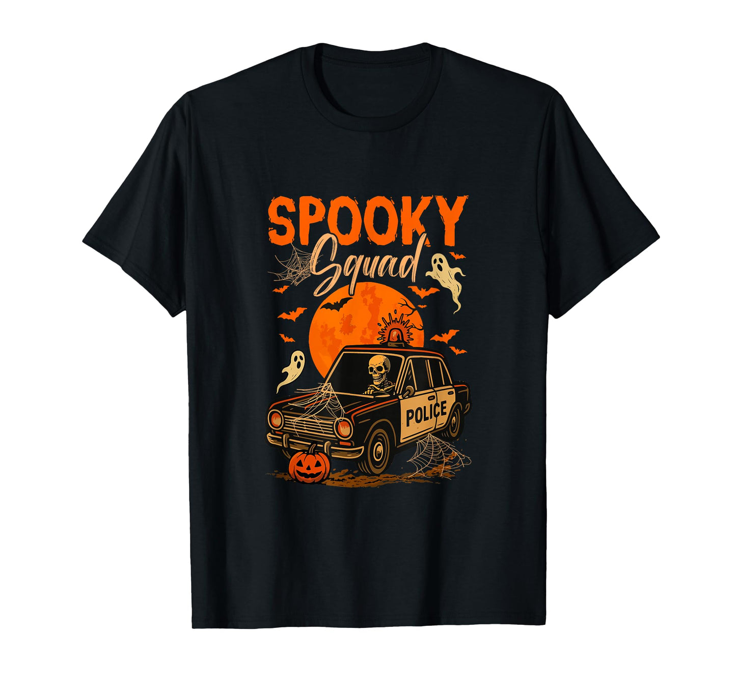 Spooky Halloween Squad Skeleton Driving Police Car Driver T-Shirt