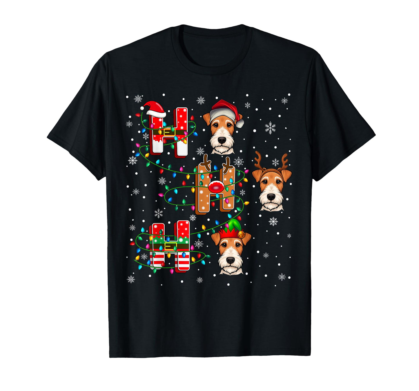 Ho Ho Ho Santa Reindeer Elf Matching Fox Terrier Dog Xmas T-Shirt
