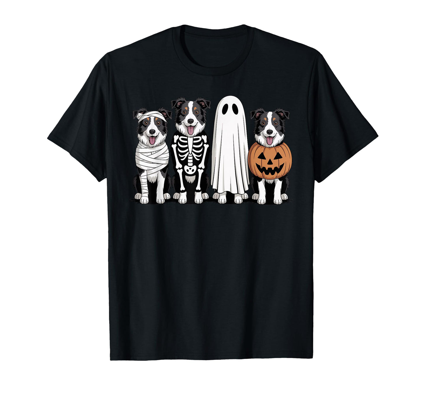 Spooky Ghost Border Collie Pumpkin Halloween Dog Skeleton T-Shirt