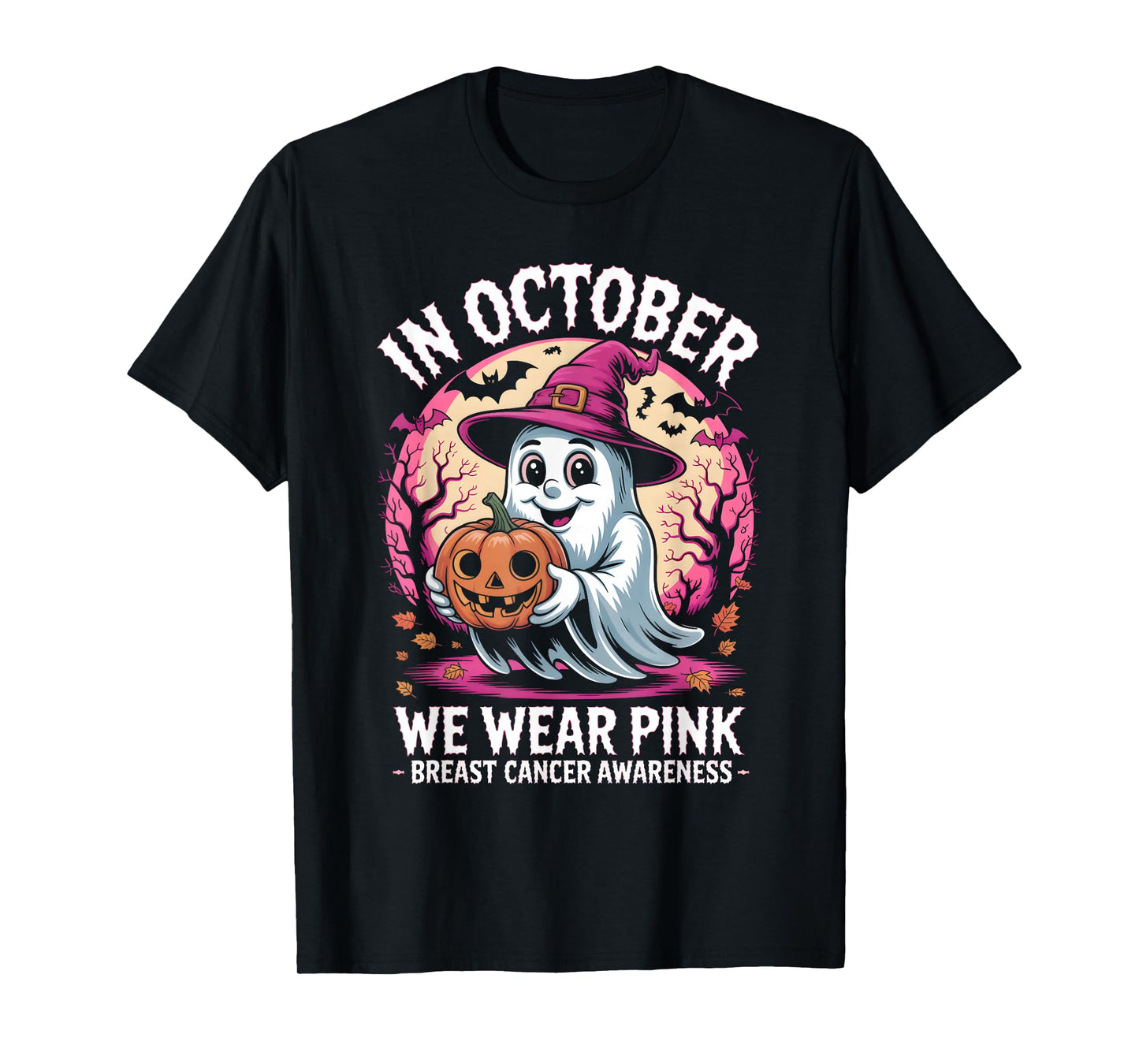 in October We Wear Pink Witch Graphic for Halloween Fun T-Shirt