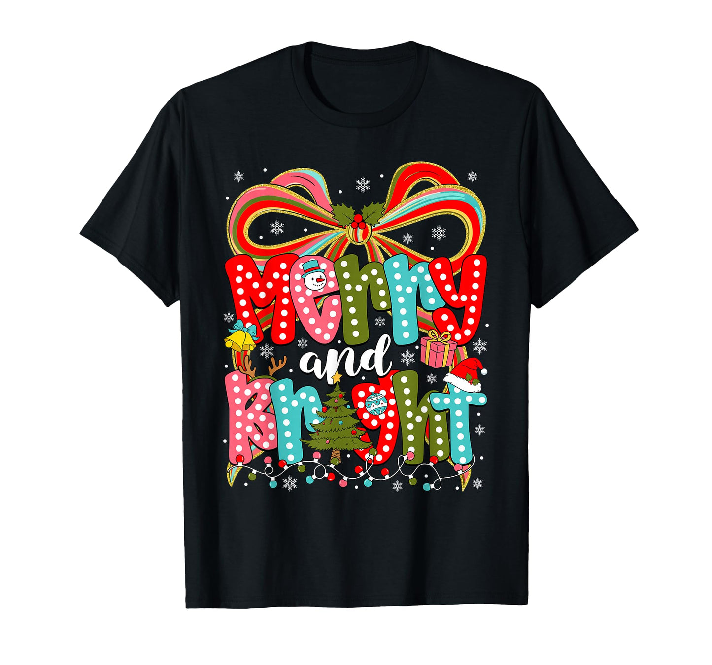 Merry and Bright Coquette Bow Christmas Lights Women Girls T-Shirt