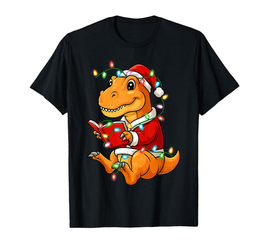 Dinosaur Reading Books Christmas T-Rex Tree Women Teachers T-Shirt