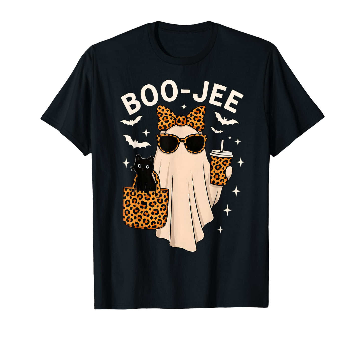 Coquette Leopard Ghost Coffee Boo-JEE Cute Cat Halloween T-Shirt