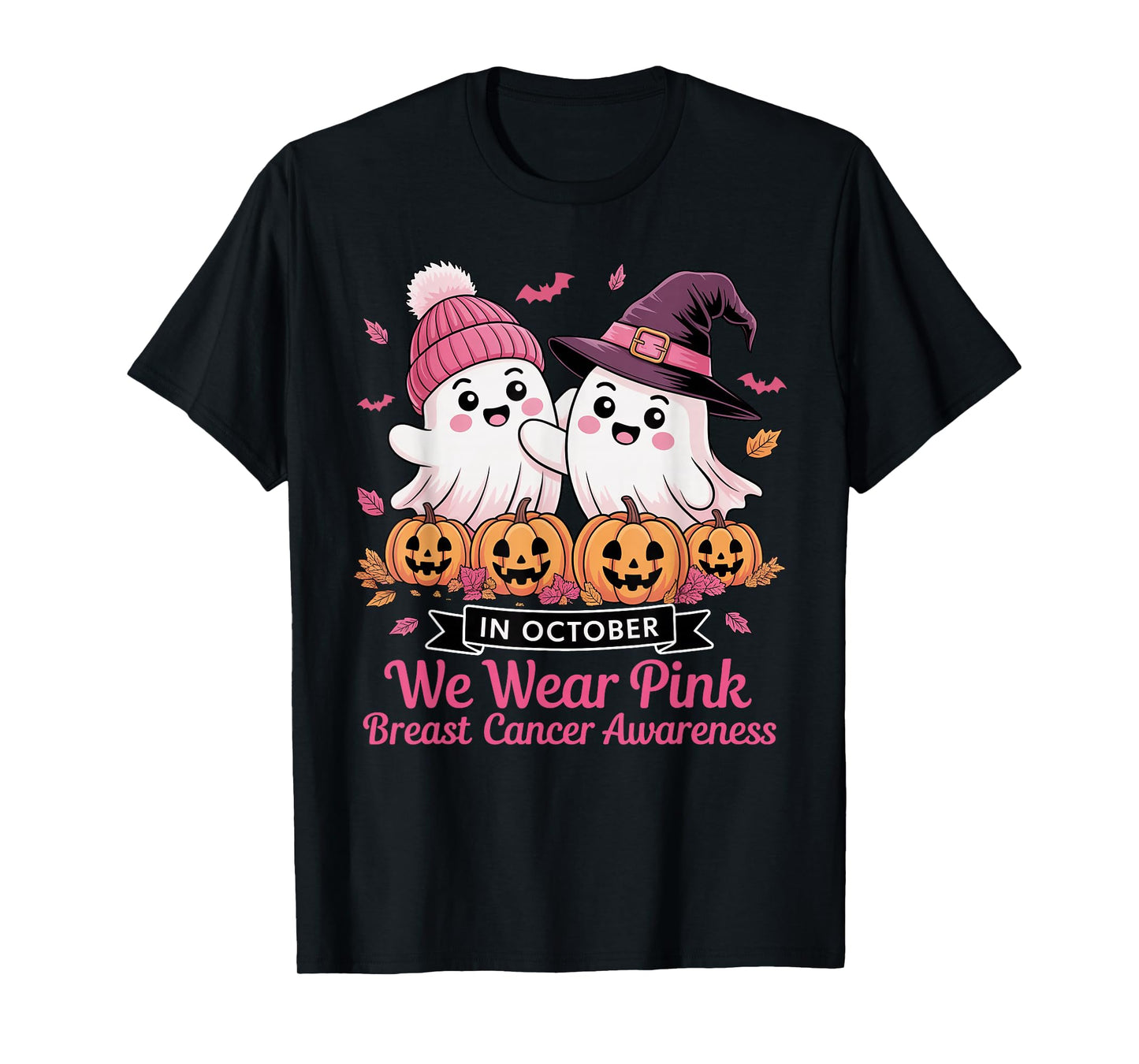 in October We Wear Pink Ghost Witch Breast Cancer Awareness T-Shirt