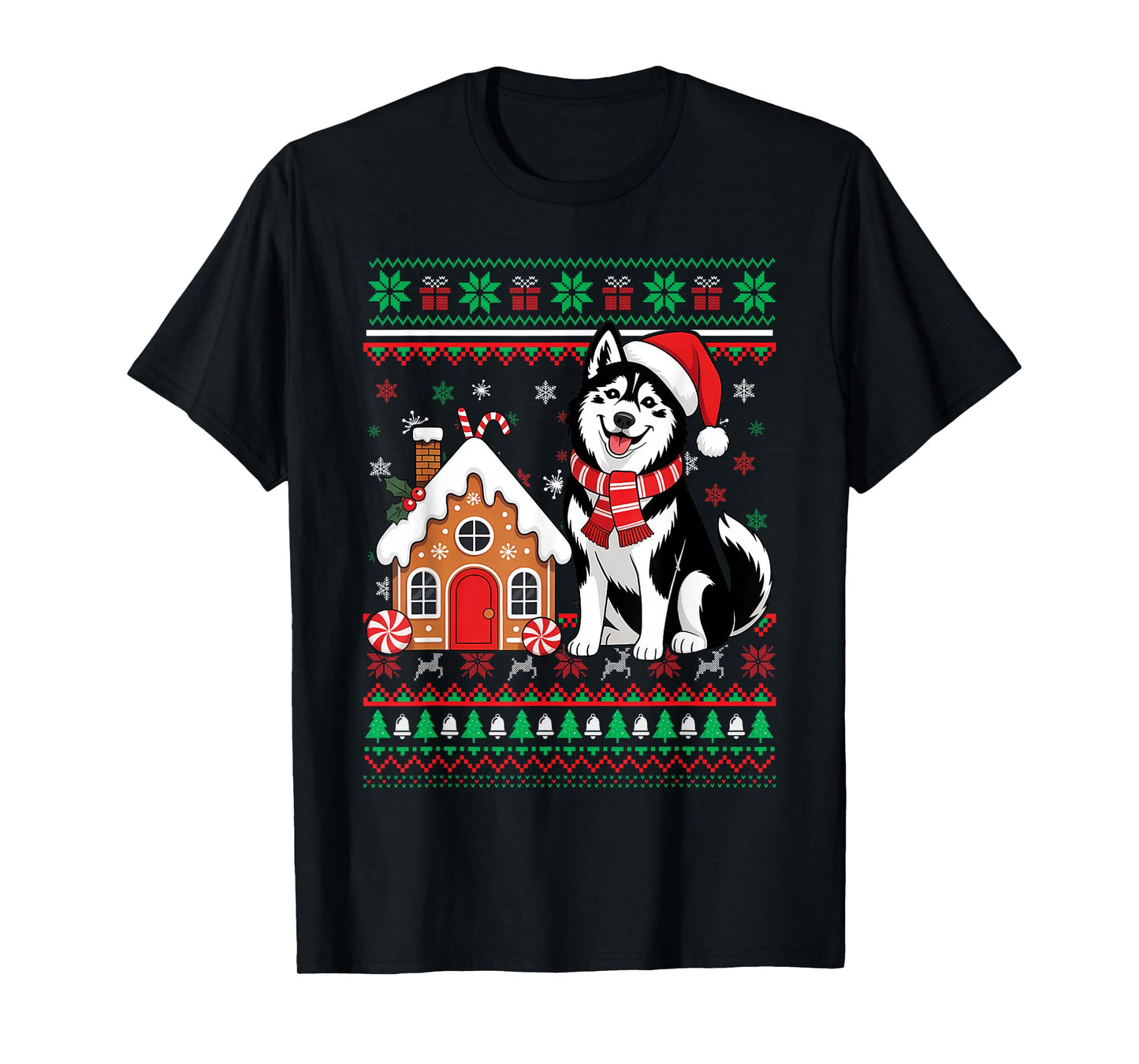 Christmas Ugly Sweater Siberian Husky Santa Hat Reindeers T-Shirt