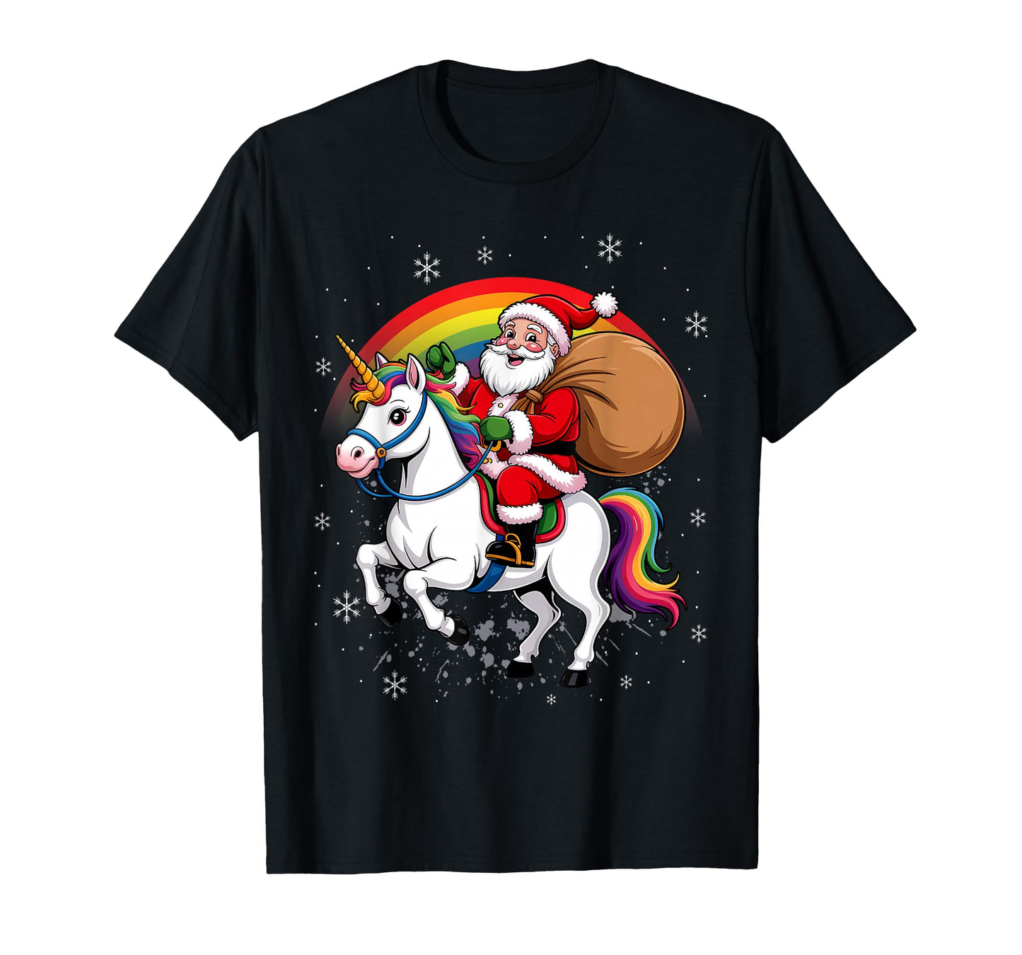 Santa Riding Unicorn & Rainbow Funny Cute Christmas T-Shirt