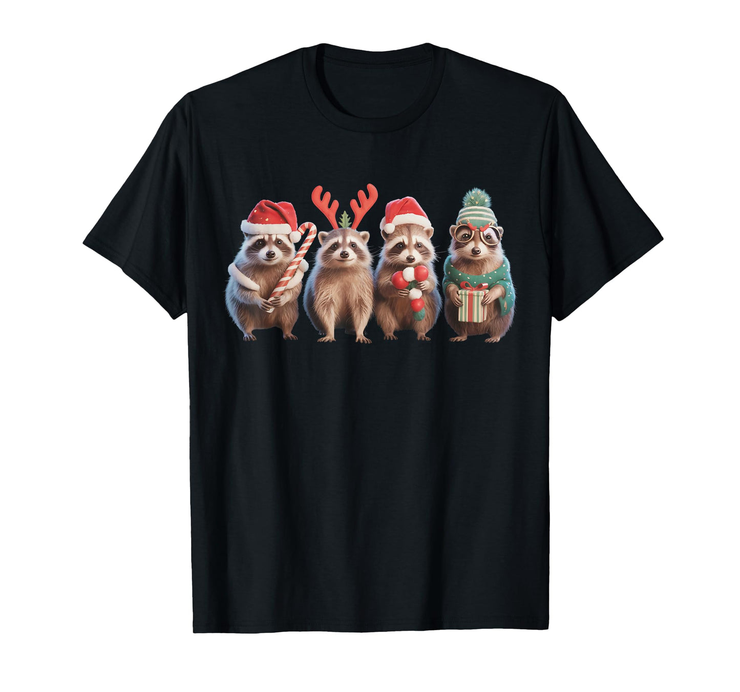 Santa Raccoon Christmas Lights Funny Raccoon Xmas Men Kids T-Shirt