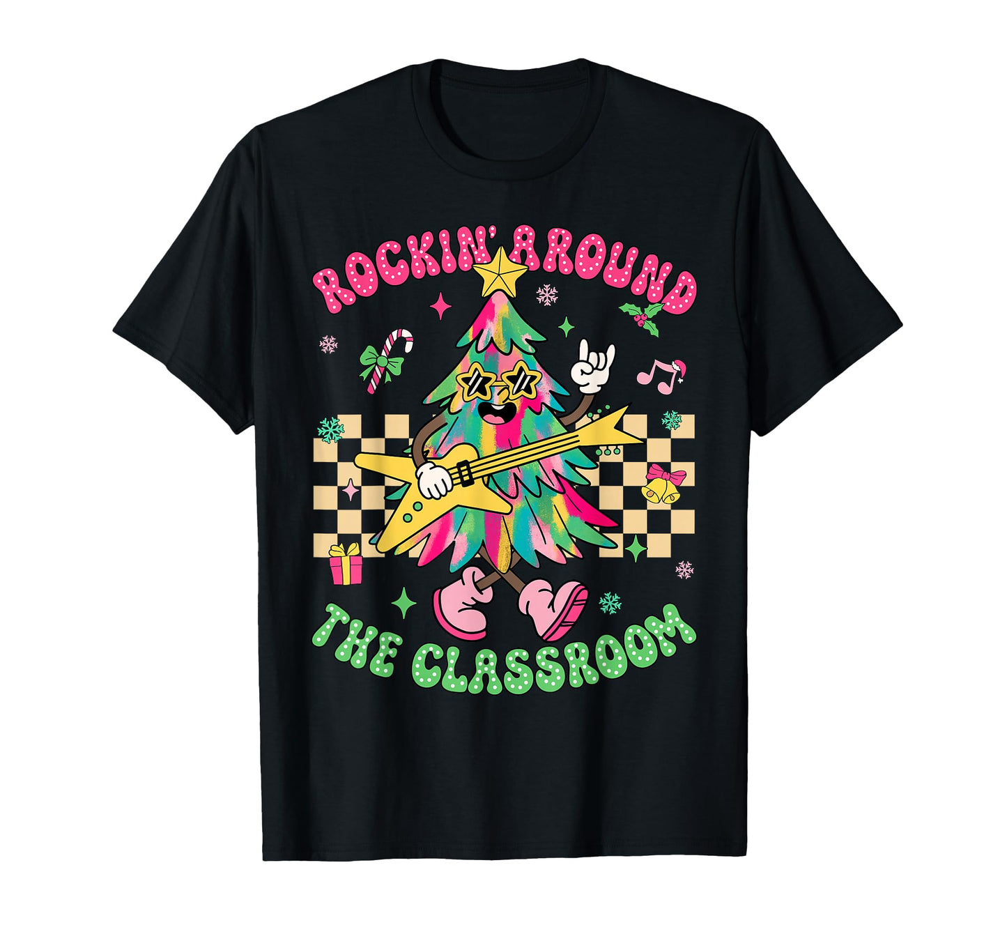 Groovy Teacher Christmas Rockin' Around The Classroom Kids T-Shirt