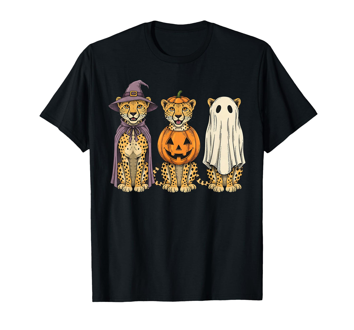 Spooky Ghost Cheetah Pumpkin Halloween Safari Animal T-Shirt
