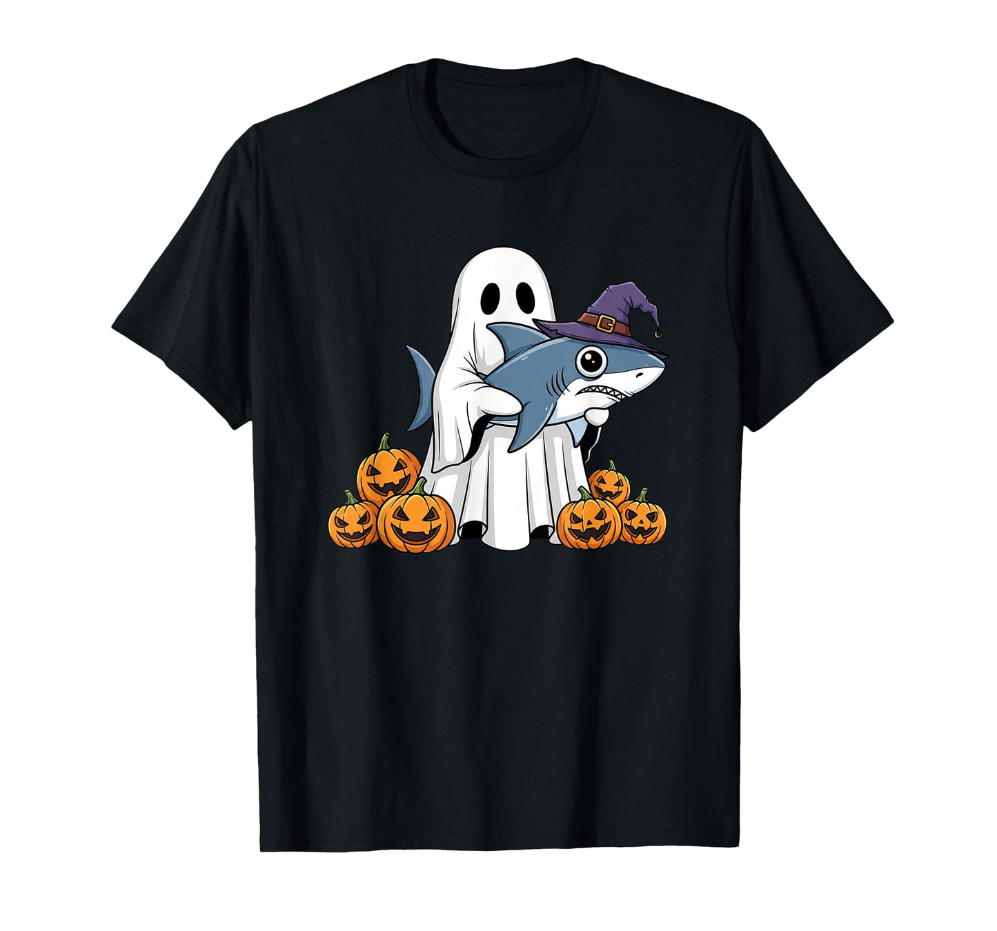 Funny Ghost Shark Pumpkin Halloween Kids Mens Womens T-Shirt