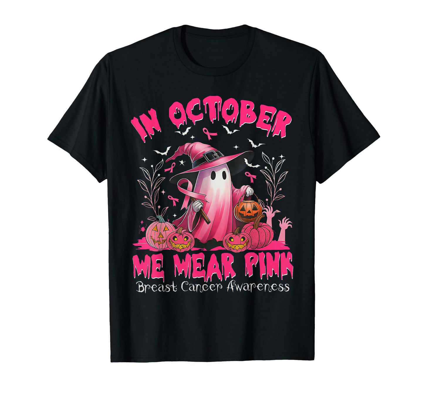 in October We Wear Pink Witch Ghost Breast Cancer Awareness T-Shirt