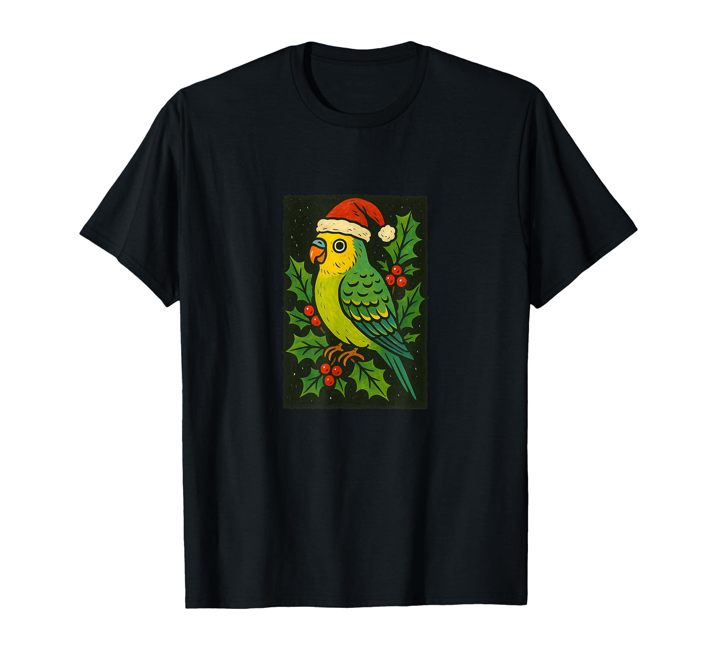 Parakeet in Santa Hat with Christmas Holly T-Shirt