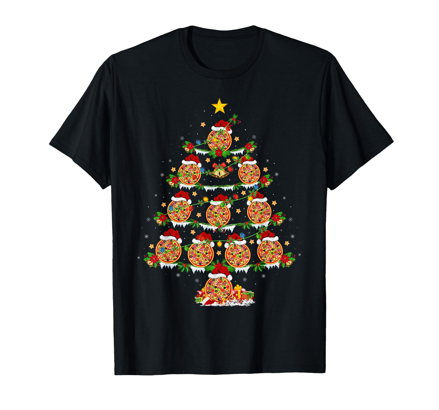 Pizza Christmas Tree Lights Funny Fast Food Pizza Lover Xmas T-Shirt