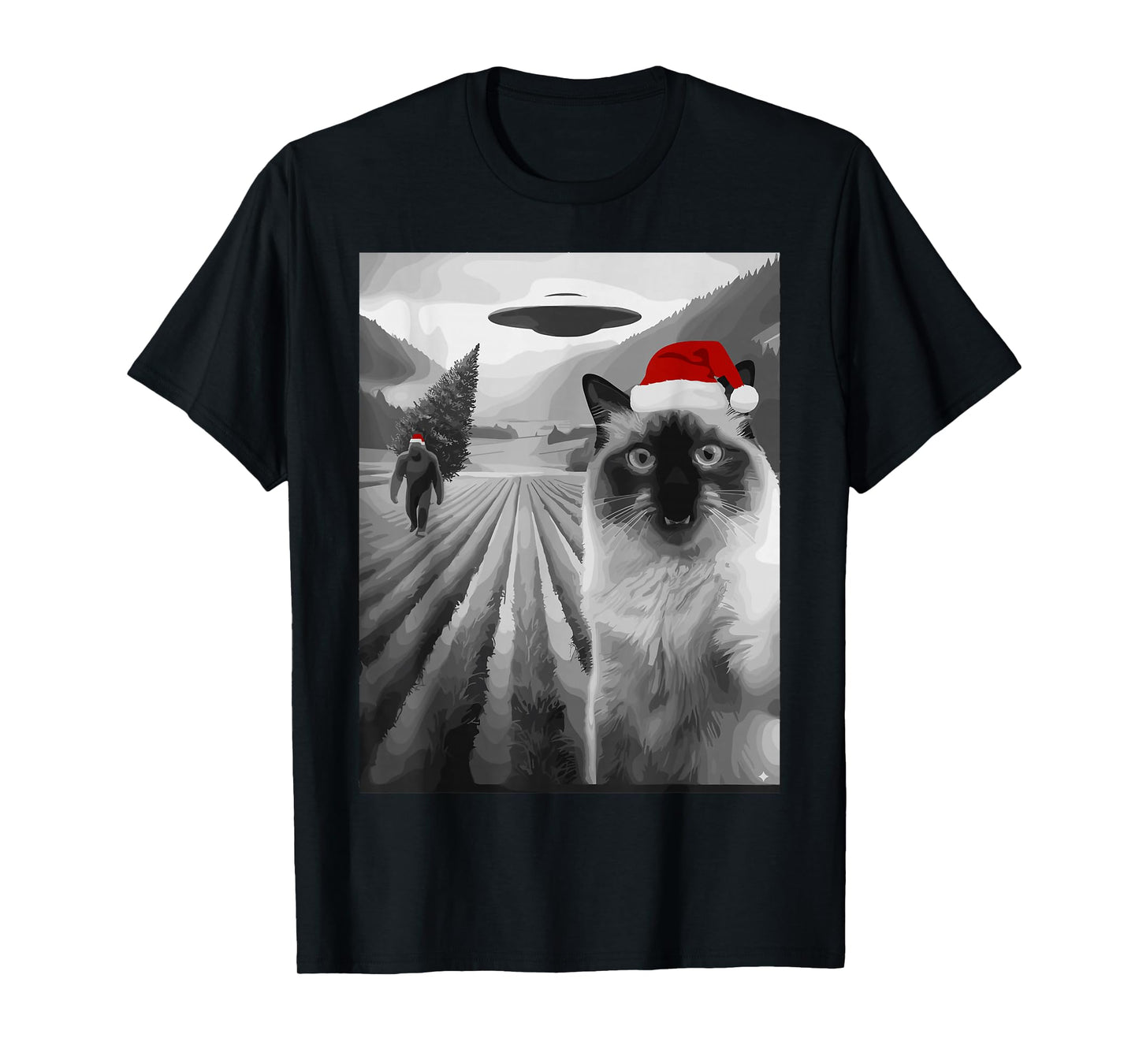 Christmas Cat Bigfoot UFO Santa Hat Funny Retro T-Shirt
