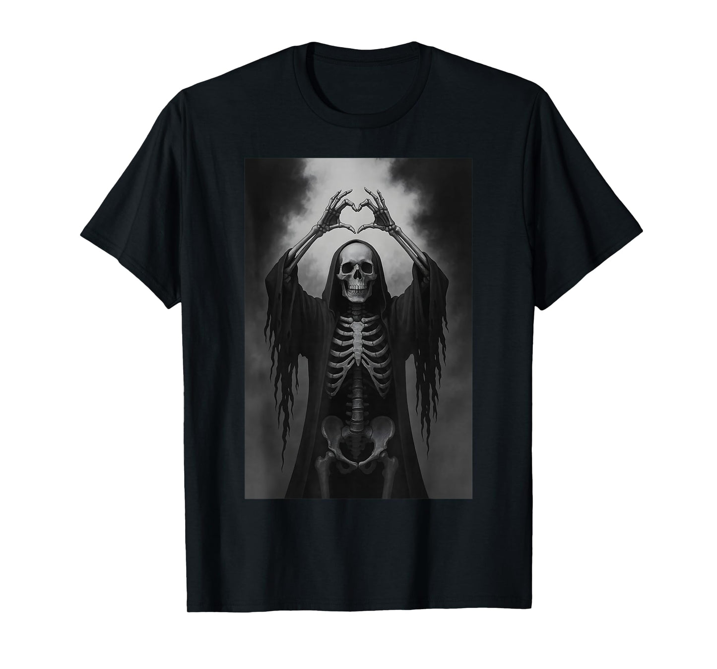 Skeleton Hands Heart Sign Scary Face Funny Halloween Costume T-Shirt