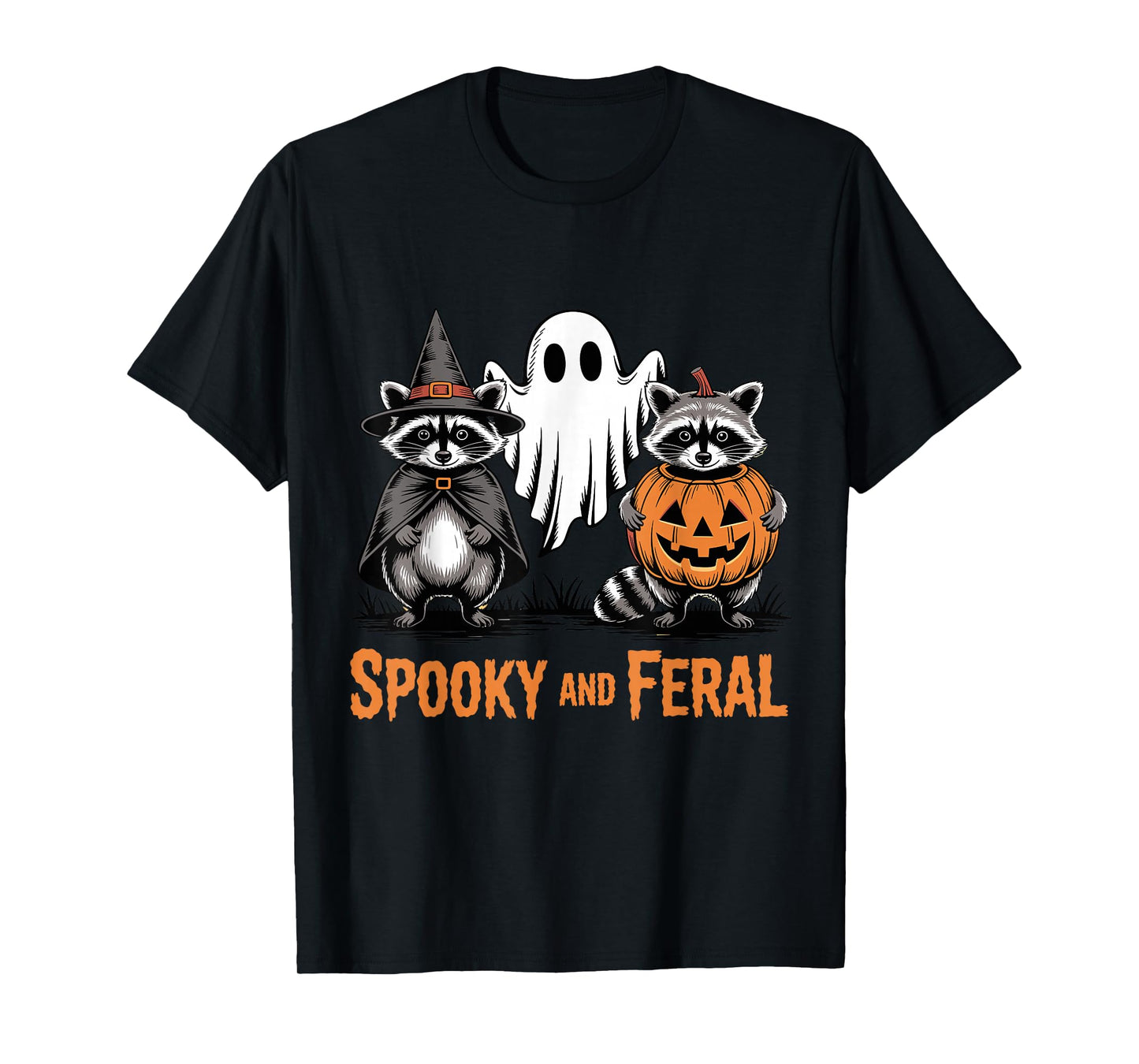 Spooky and Feral Raccoon Halloween Ghost Pumpkin T-Shirt