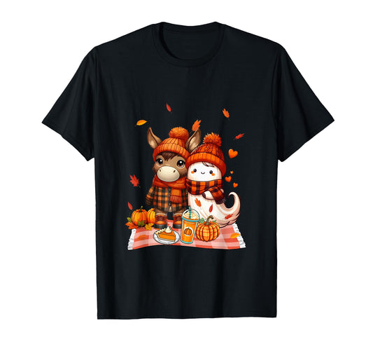 Donkey with Boo Halloween Thanksgiving Fall Leaves Pumpkins T-Shirt