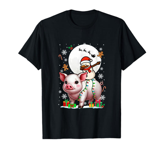 Dabbing Snowman On Pig Christmas Santa Colorful Lights T-Shirt